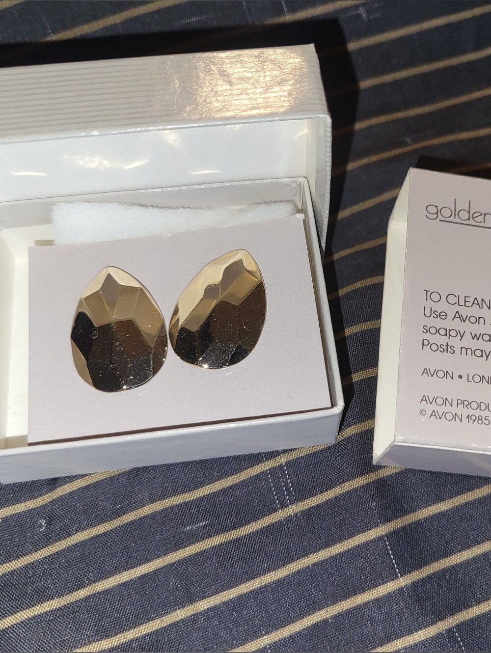 Vintage 1985 Avon Golden Facets Earrings New In Box Teardrop Post Back